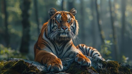 Obraz premium Large tiger sitting atop a rock amidst the lush green foliage of a dense forest,
