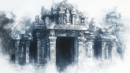 Mysterious Ancient Stone Temple Ruins Situated in a Mystical Foggy Forest Setting with Intricate Carvings and Historical Significance