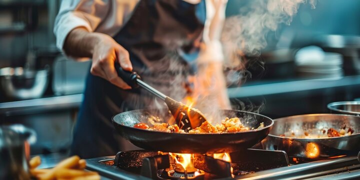 Close-up of a chef cooking in a restaurant kitchen, focusing on culinary skills and gourmet cuisine