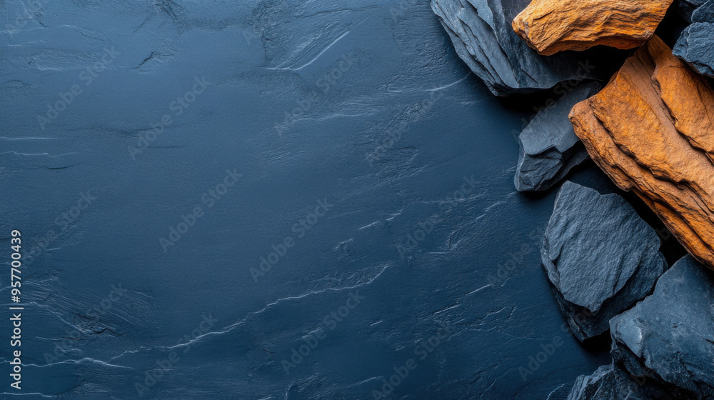 Poster close-up of black slate stones with orange rocks, creating a textured and contrasting background sur