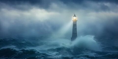 Fototapeta premium A lighthouse beacon cutting through dense fog, guiding ships safely through turbulent waters with its steady light