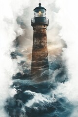 Obraz premium Lighthouse standing strong against stormy sea waves
