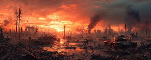 Powerful 3D digital art of an apocalyptic war landscape, with destroyed military tanks, barren trees, and soldiers moving through the ruins.