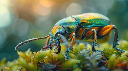 Naklejka premium A close-up of a multicolored beetle, possibly a green jewel beetle,