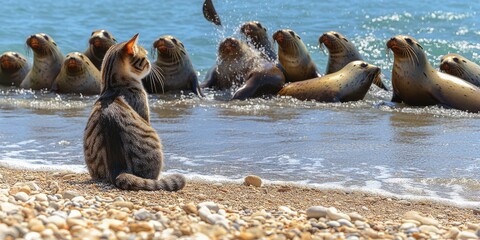 Fototapeta premium Cat On Sandy Beach Observing A Group Of Sea Lions Playing In The Water On A Sunny Day With Clear Blue Sky And Ocean Waves