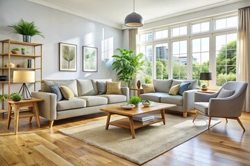 Fototapeta premium Elegant city living room offers stylish furniture at discounted prices in a spacious and well-lit residence for a