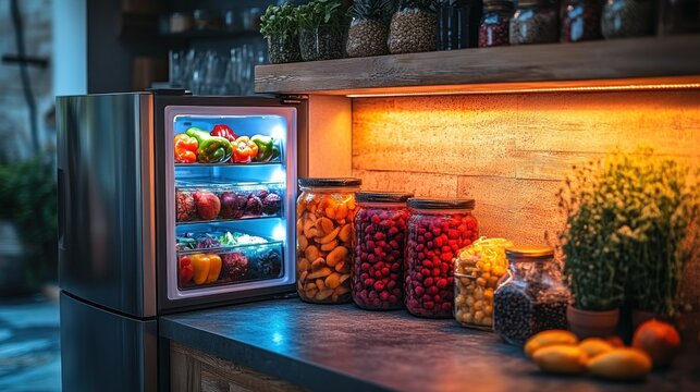 Stainless Steel Mini Fridge With Fresh Produce in Modern Kitchen