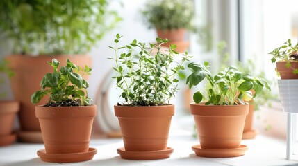 Fototapeta premium Three potted plants on a windowsill with a white surface, showcasing various greenery, including a small herb plant with thin, delicate leaves.