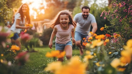 Fototapeta premium mom and dad chasing their laughing little child