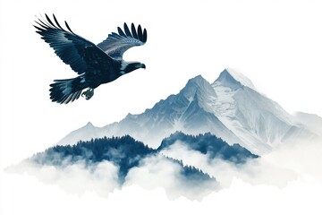 Obraz premium Majestic eagle soaring above mountain peaks and misty forest