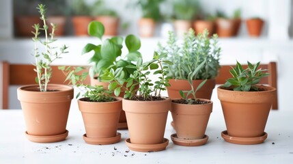 Six potted plants with green leaves in terracotta pots on a white table.