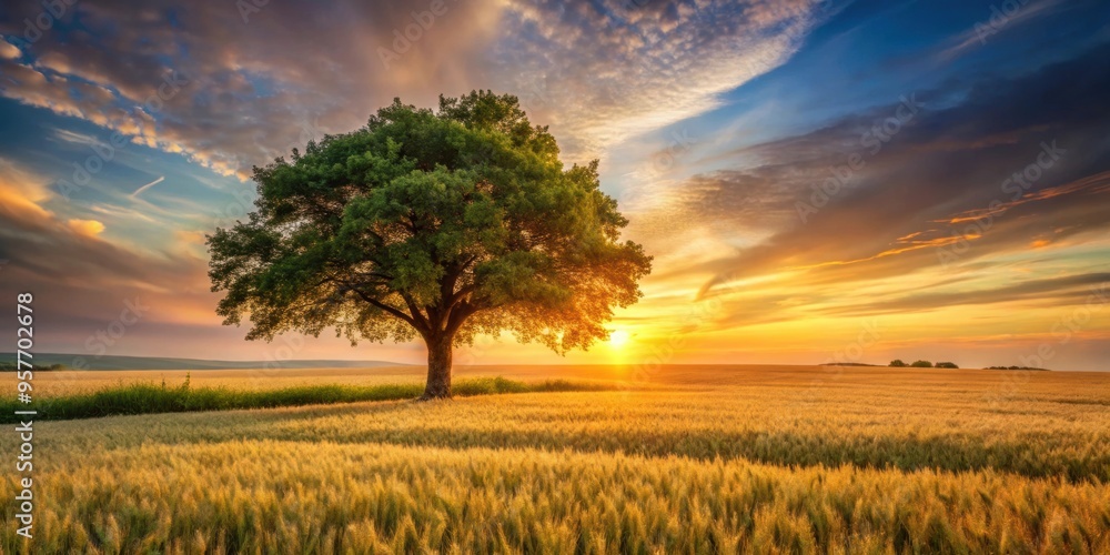 Canvas Prints a serene sunset scene of a tree overlooking a wheat field , nature, sunset, landscape, tree, wheat f