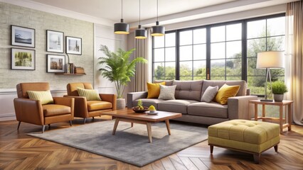 Elegant living room features a sleek sofa, plush armchair, and cushy ottoman, all accessible with flexible monthly