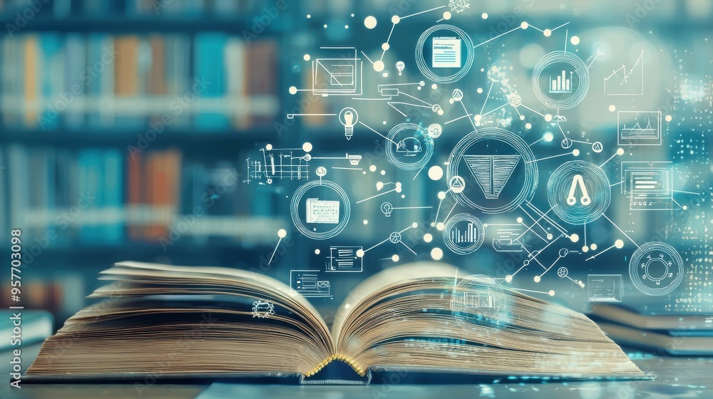 Poster open book with digital network and icons on blurred library background