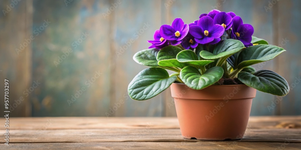 Sticker African violet flower and green leaves in a pot, african violet, flower, green leaves, pot, houseplant, indoor plant