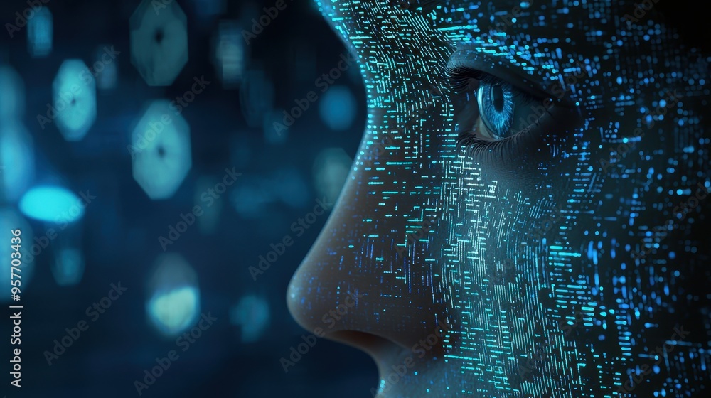 Poster digital face with blue lines and bokeh background