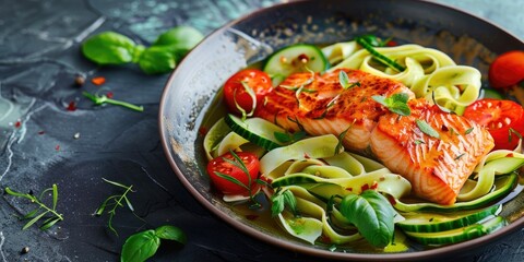 Light Mediterranean Dish Baked Salmon with Cucumber Tagliatelle and Tomato Medallion
