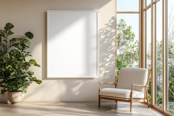 Poster Frame in Beige minimalist living room interior created with generative AI