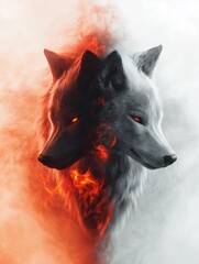 Black and White Wolves in Yin Yang Form with Fiery Polygonal Design