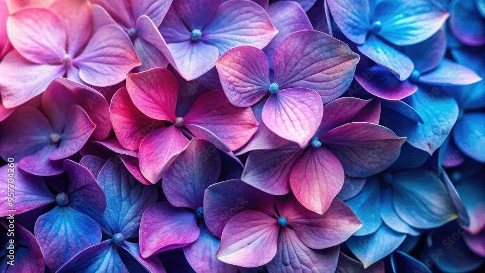 Poster Close-up of hydrangea petals in gradient of purple, blue, and pink hues, hydrangea, petals, close-up, gradient, purple, blue