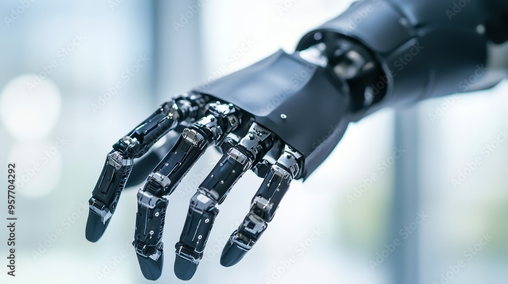 Poster robotic hand reaching out futuristic technology ai innovation artificial intelligence automation cyb