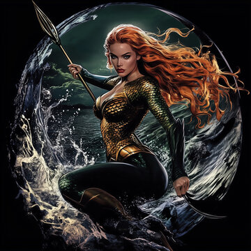 A heroic woman with long red hair stands against a backdrop of a water vortex, holding a trident. She is dressed in armor resembling scales, emphasizing her strength and connection to water