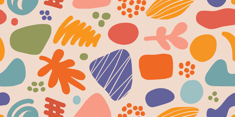 Abstract shape seamless pattern with colorful freehand doodles. Organic flat cartoon background.