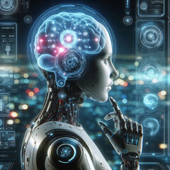 Futuristic robot with a transparent head showcasing a brain, set against a digital backdrop