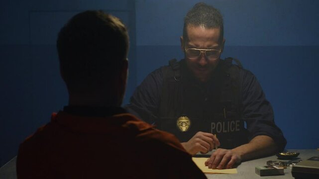 Police questions interrogation with silhouetted suspect