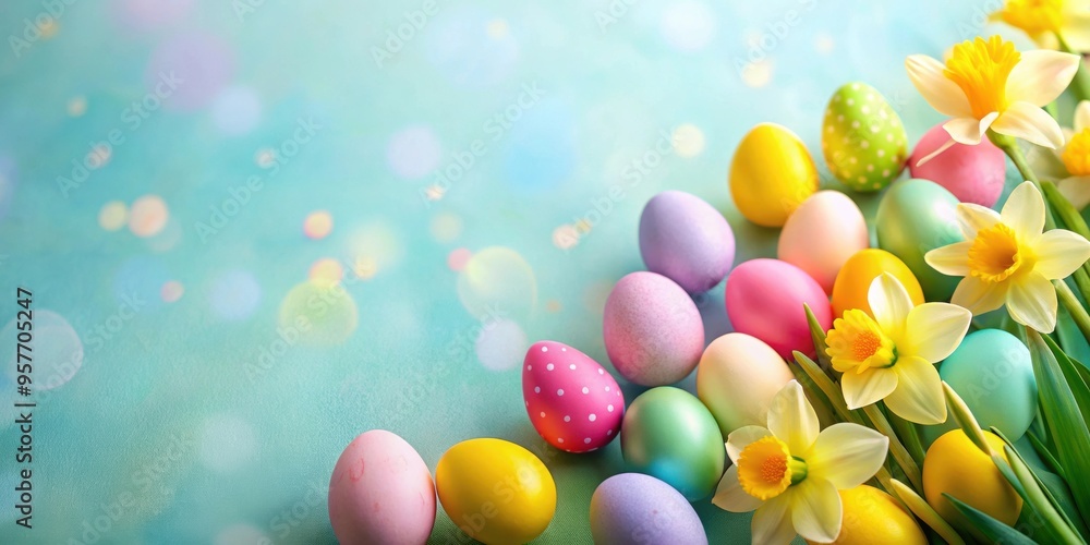 Wall mural Easter pastel background with colorful Easter eggs and daffodils, Easter, pastel, background, colorful, eggs, daffodils