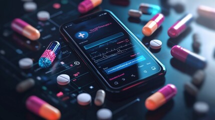 Stylish digital depiction of prescription drug adherence, featuring a smartphone app with medication reminders and adherence stats.