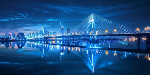 Fototapeta premium Night cityscape with illuminated bridges and waterfront reflections, showcasing the beauty of urban infrastructure at night