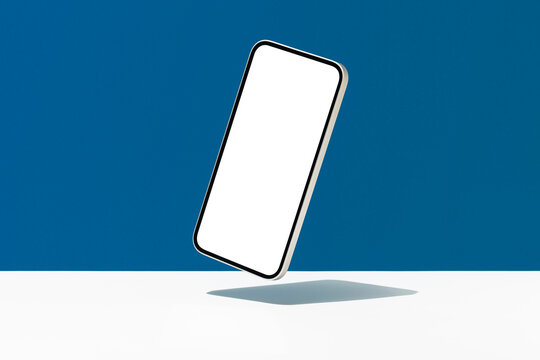 White screen telephone mockup, hovering on blue background