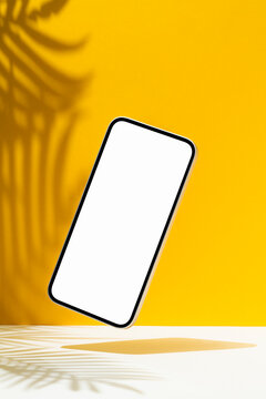 White screen telephone mockup, hovering on yellow background