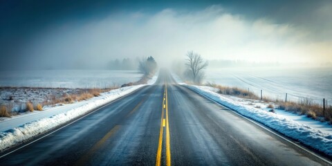 An asphalt road in a rural setting disappearing into thick fog in the distance on a snowy winter's day , rural, asphalt road