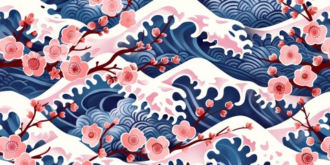 Seamless pattern of traditional Japanese motifs like cherry blossoms and waves, ideal for Asian-inspired designs