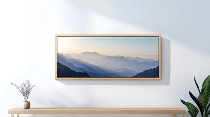 A framed landscape photograph of a mountain range with a hazy sky at sunrise hangs on a white wall above a wooden table with a vase of dried flowers and a potted plant.