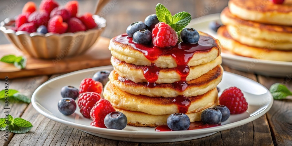 Poster Delicious cottage cheese pancakes topped with fresh raspberries and blueberry jam, cottage cheese, pancakes