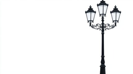 Black Ornate Street Lamp with Three Lights on White Background