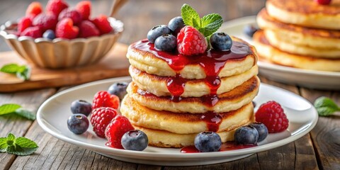Delicious cottage cheese pancakes topped with fresh raspberries and blueberry jam, cottage cheese, pancakes
