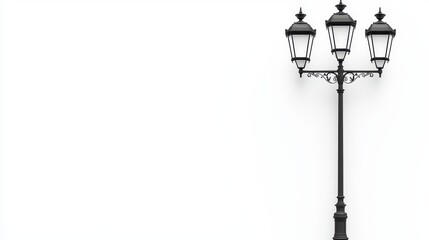 Vintage Street Lamp Post with Three Lights on White Background