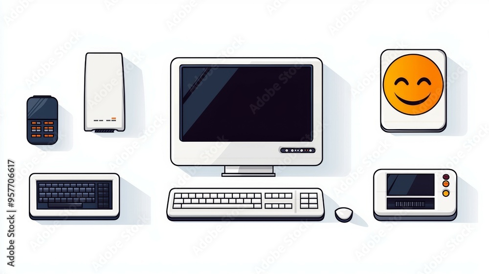 Poster a computer desk with a computer monitor, keyboard, mouse, and a cell phone