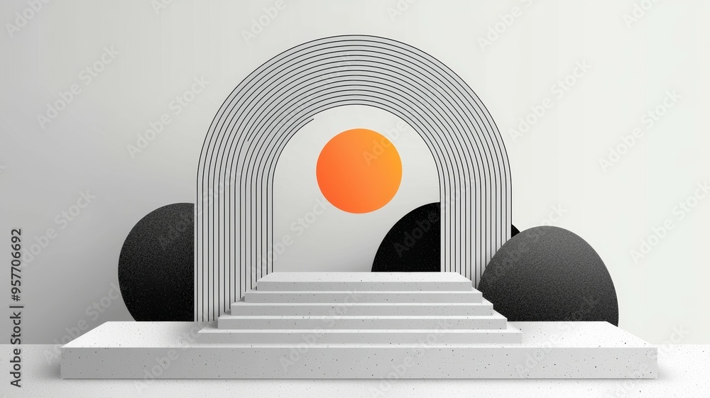 Poster A white and black abstract design with a large orange sun in the center