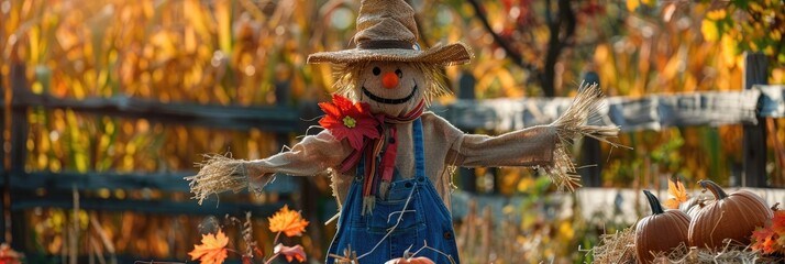 Scarecrow surveilling the fall bounty in the garden