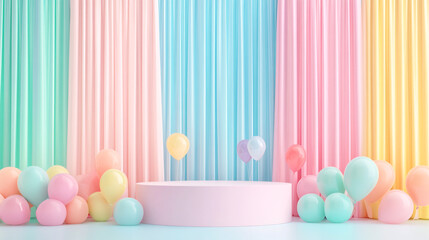 A colorful display of balloons and a white pedestal with a rainbow curtain behind it. The balloons are scattered around the pedestal, creating a festive and joyful atmosphere