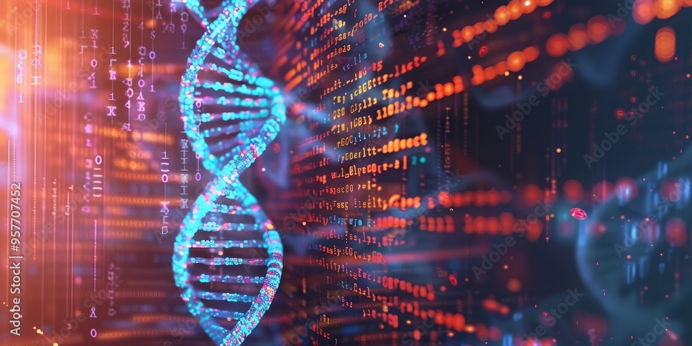 Poster realistic rendering of a dna double helix, showcasing its intricate molecular structure, placed over