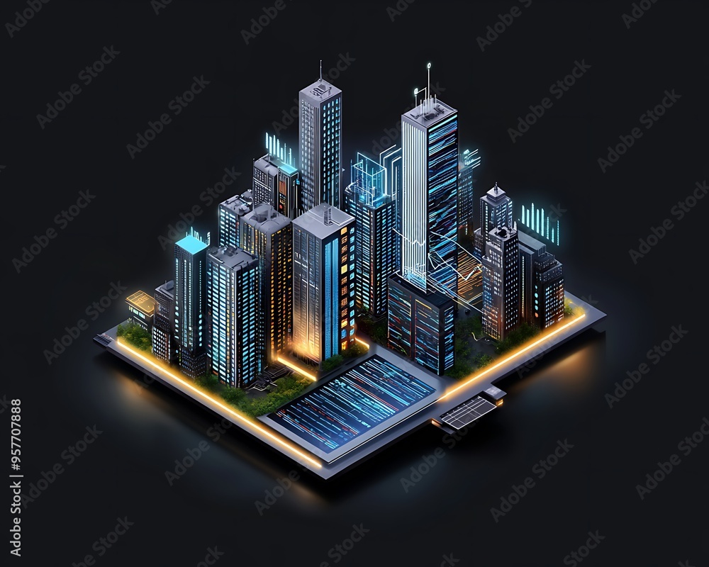 Poster big data represented as a sprawling futuristic cityscape with skyscrapers made of charts and graphs.