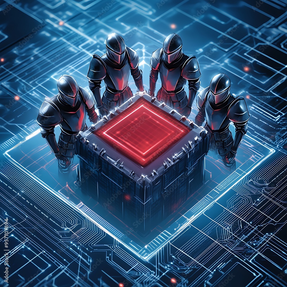 Poster digital cyber knights defending data castle on pastel fantasy background - doodle style overhead vie