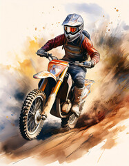 Naklejka premium Vibrant motocross rider in action, dirt flying, dynamic pose
