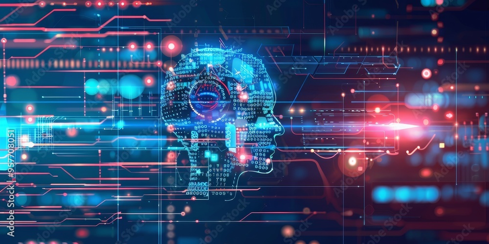 Poster Machine learning algorithm concept with digital data flow and AI technology in abstract futuristic design